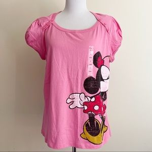 🆕 Disney Mickey Minnie Mouse Kissing Top Short Sleeve Shirt Pink Womens XL
